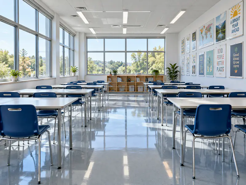 A bright, clean classroom with white desks and blue chairs