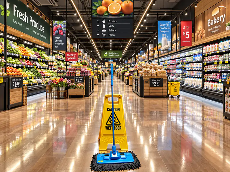 A supermarket with a gleaming floor, a wet floor sign and a mop