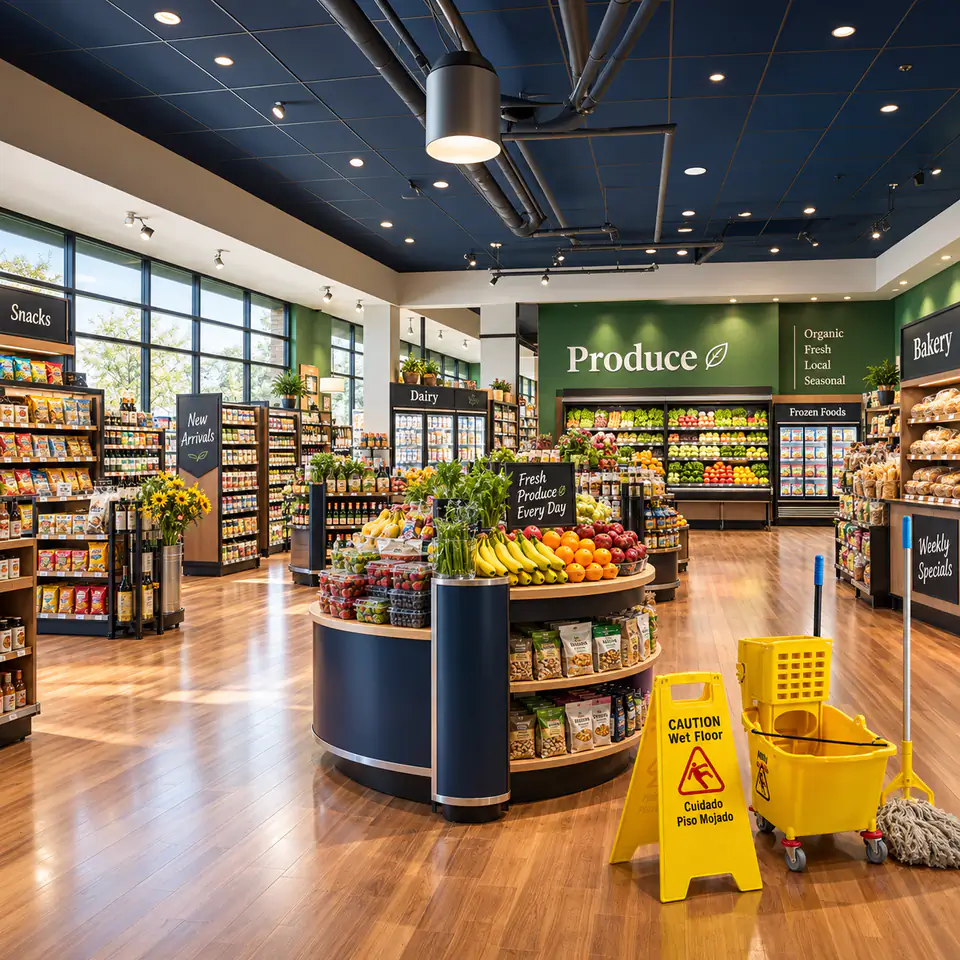 A spotless grocery store, with a wet floor sign and a mop bucket