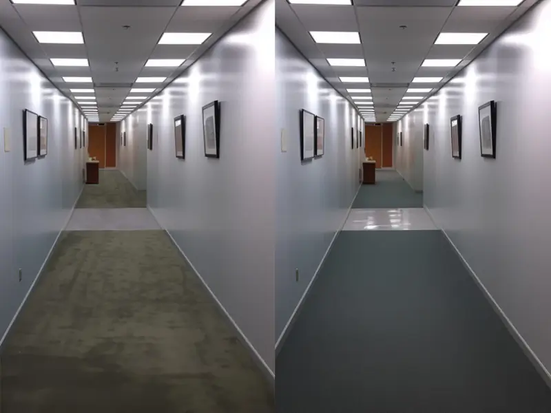 An office hallway: stained carpet before, clean carpet after