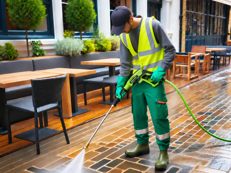 A cleaner in a safety vest pressure-washing a restaurant’s brick patio